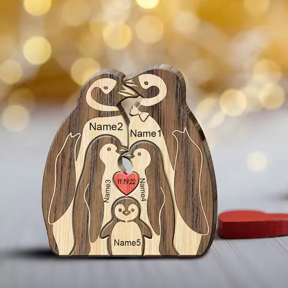 Personalized Custom Penguin Family Wooden Puzzle DIY Engraving Name Sculpture Home Decor
