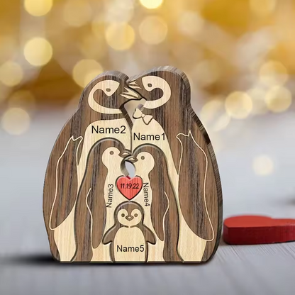 Personalized Custom Penguin Family Wooden Puzzle DIY Engraving Name Sculpture Home Decor