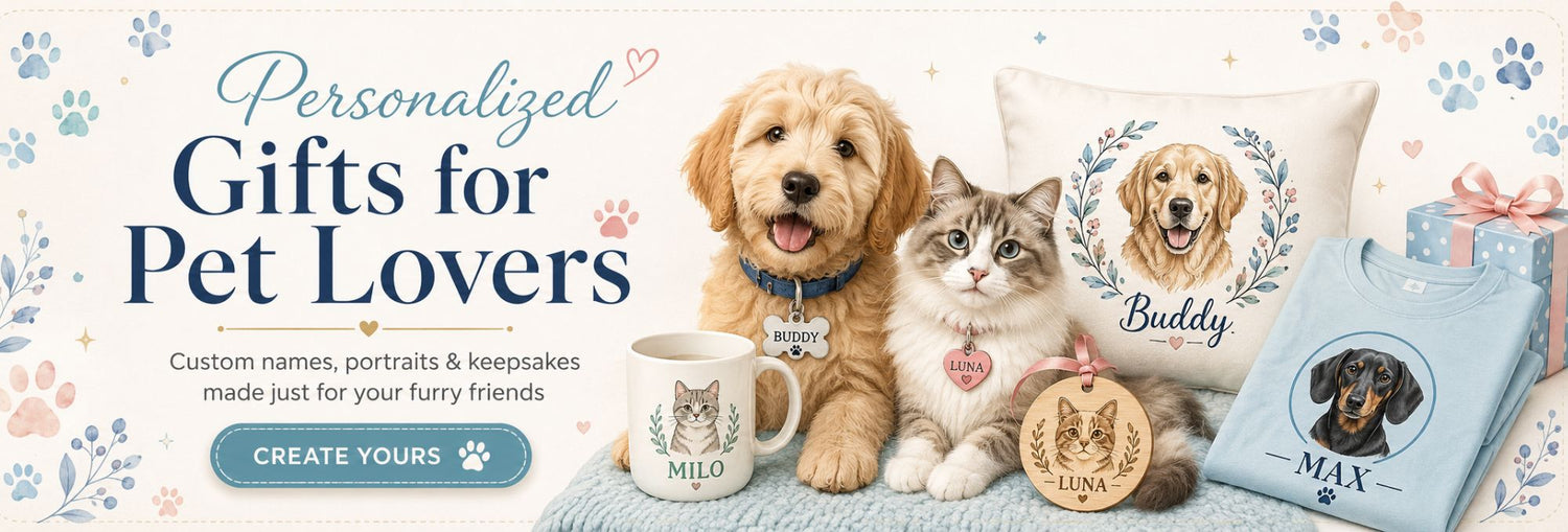 Promotional banner for personalized pet gifts, featuring a golden dog and a white cat sitting beside custom pet portraits, a mug, a wooden keepsake, and a blue gift box. Large text reads 'Personalized Gifts for Pet Lovers' with a 'CREATE YOURS' button.