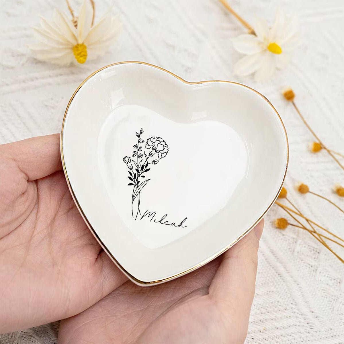 Custom Birth Flower Jewelry Dish, Personalized Name Trinket Dish, Birthday Gift for Her, Mother's Day Gift, Gift for Mom
