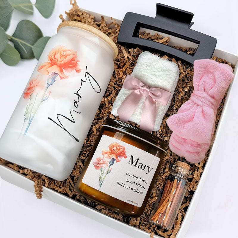 Blooms Of The Month Gift Box, Personalized Glass And Scented Candle, Gift For Mom