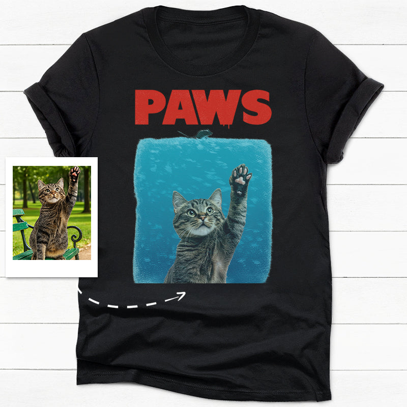 Cat Paws "Jaws" Parody Dark Shirt,Personalized Shirt, Custom Gifts For Pet Lovers, Custom Photo