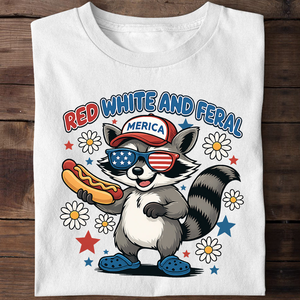 Red White And Feral, Racoon Merica LIGHT T-Shirt, July 4th Shirt, Personalized T-Shirt, Funny Shirt
