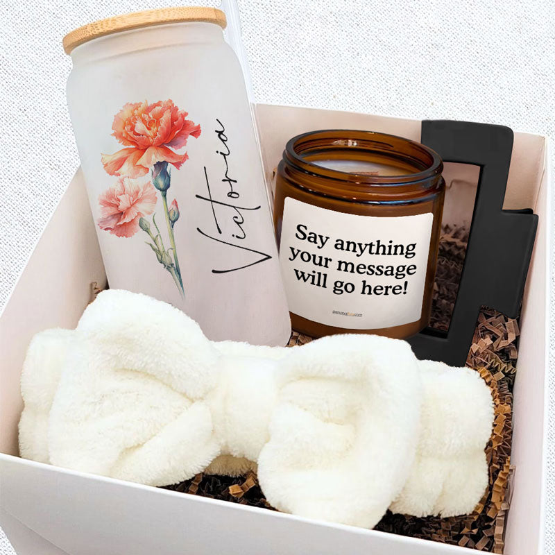 Birth Month Flower Unique Message Gift Box, Personalized Glass And Candle, Mother's Day Gift