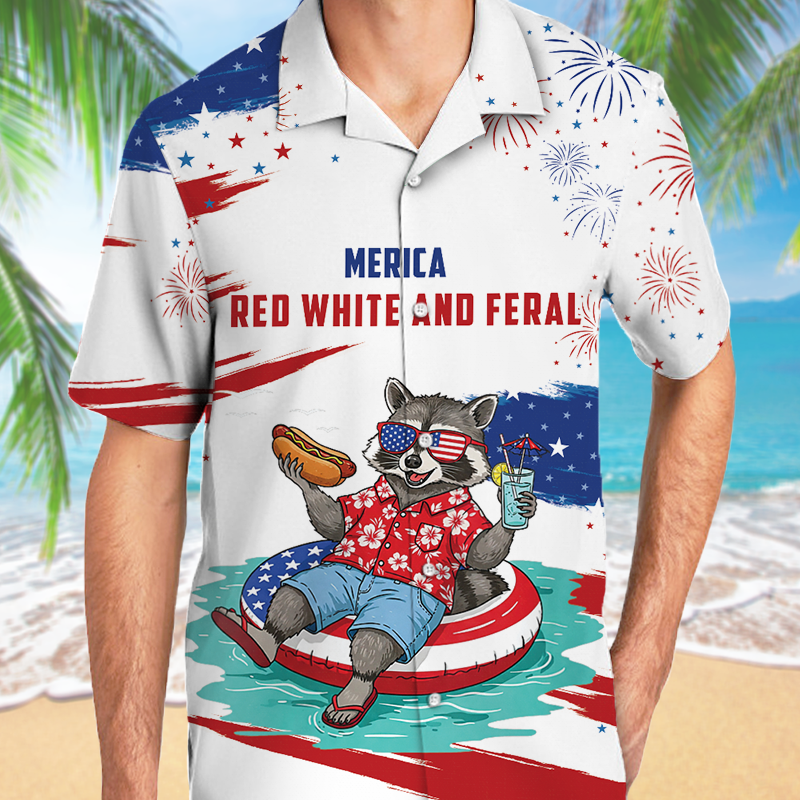 Red White And Feral Racoon Merica Hawaii Shirt, Patriot Shirt, July 4th Shirt