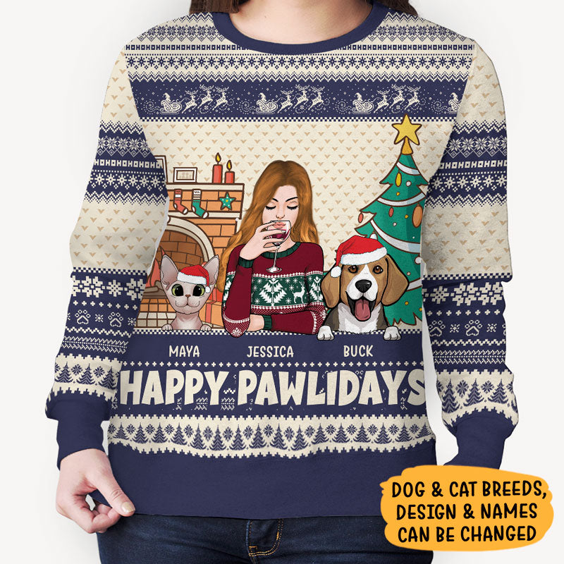 Happy Pawlidays, Personalized All-Over-Print Sweatshirt, Funny Ugly Sweater, Gift For Dog Lovers