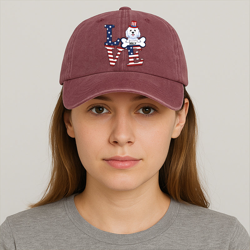 Love, 4th Of July American Flag Dog Dad Dog Mom Hat, Printed Vintage Cotton Washed Cap, Gifts For Pet Lovers
