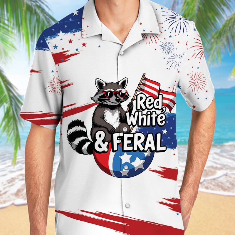 Red White And Feral Racoon America Flag Hawaii Shirt, Patriot Shirt, July 4th Shirt
