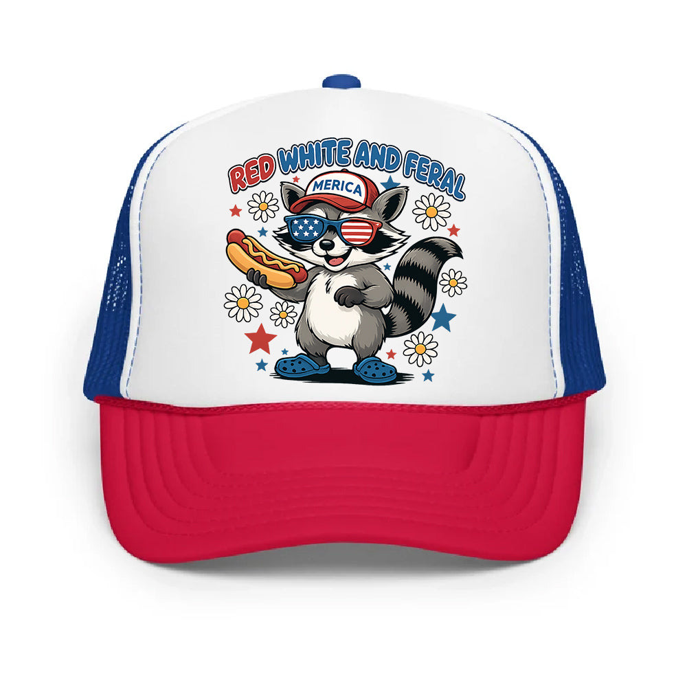 Red White And Feral, Racoon Merica Cap Trucker Hat, July 4th, Personalized Cap