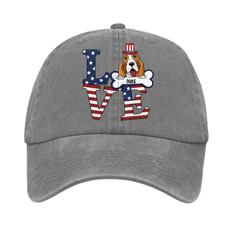 Love, 4th Of July American Flag Dog Dad Dog Mom Hat, Printed Vintage Cotton Washed Cap, Gifts For Pet Lovers