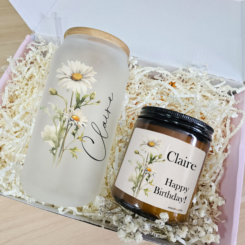 Blooms Of The Month Gift Box, Personalized Glass And Scented Candle, Birthday Gift, Gift For Mom