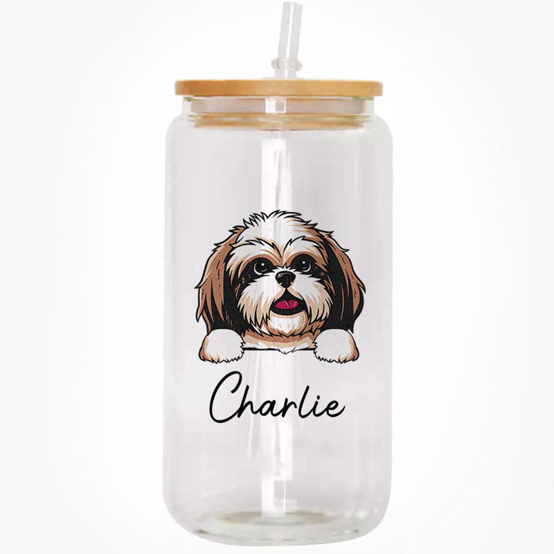 Dog MOM or Dog DAD 16oz Clear Glass Cup with Bamboo Lid, Jar Can