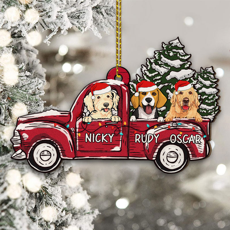 Christmas Dog Red Truck, Personalized Shape Ornament, Gift for Dog Lovers