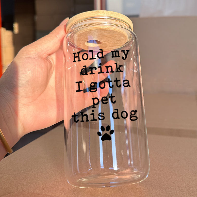 Dog MOM or Dog DAD 16oz Clear Glass Cup with Bamboo Lid, Jar Can with  Splash-proof Lid and Straw