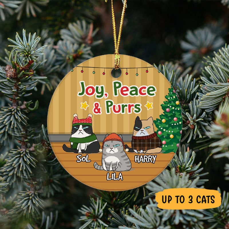 Joy Peace & Purrs, Personalized Circle Ornaments, Custom Gift for Cat Lovers