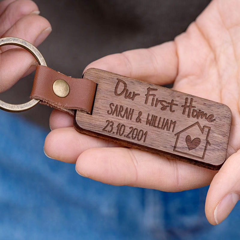Our First Home, Personalized Engraved Wood Keychain, Gifts For Him