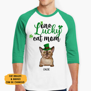 One Lucky Cat Mom, Personalized St. Patrick's Day Unisex Raglan Shirt, Custom Gift for Cat Lovers