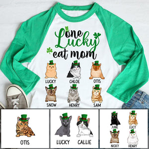 One Lucky Cat Mom, Personalized St. Patrick's Day Unisex Raglan Shirt, Custom Gift for Cat Lovers