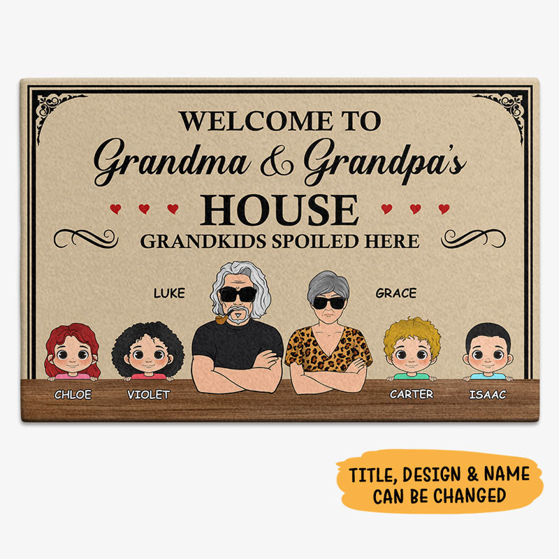 Welcome To Grandparents House Grandkids Spoiled Here, Personalized Doormat, Custom Doormat For Grandparents