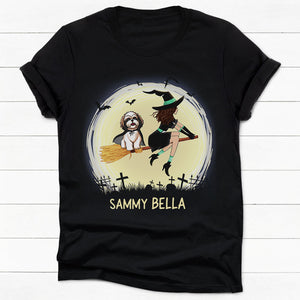 Unique Dark Color Custom T Shirt, Witch and Shih Tzu, Personalized Gifts for Dog Lovers, Halloween Costumes for Dog Moms