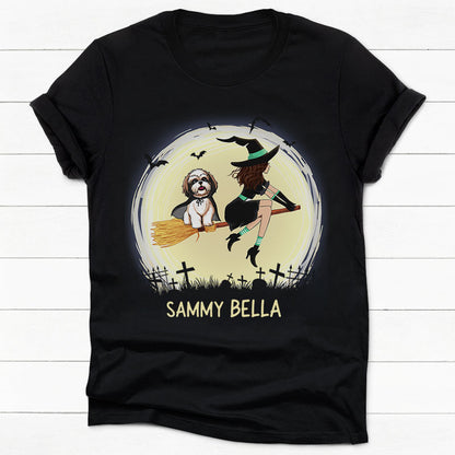Unique Dark Color Custom T Shirt, Witch and Shih Tzu, Personalized Gifts for Dog Lovers, Halloween Costumes for Dog Moms