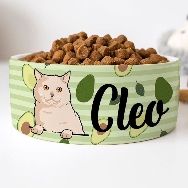 Personalized Cat Bowls, Custom Cute Cat Food and Water Bowl with Name, Ceramic Avocado Background, PersonalFury