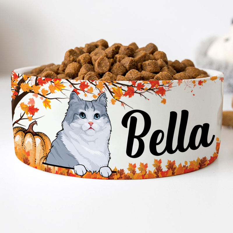Personalized Cat Bowls, Custom Cute Cat Food and Water Bowl with Name, Ceramic Autumn Fall, PersonalFury