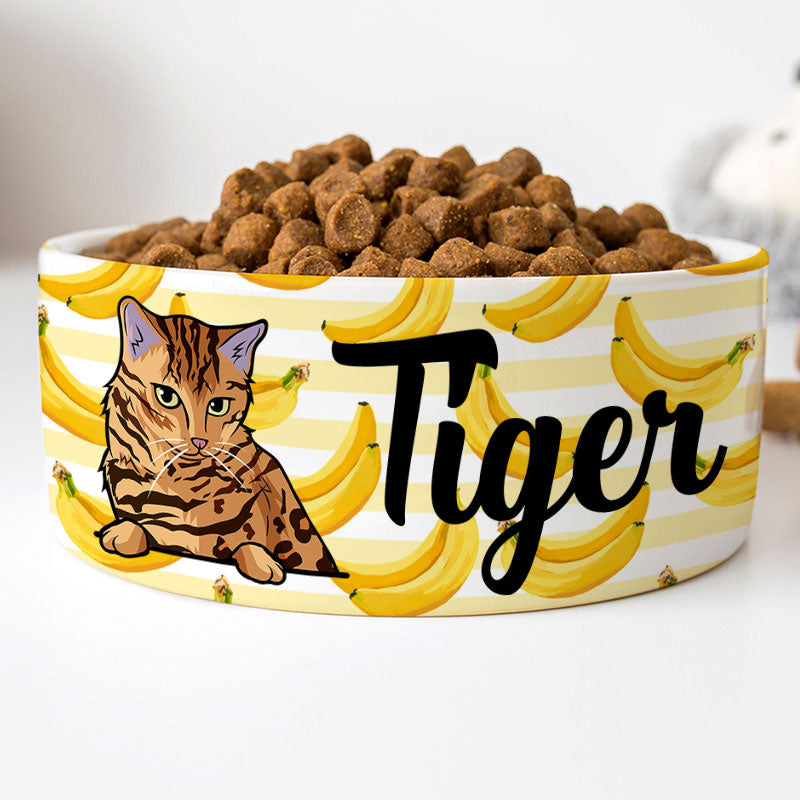 Personalized Cat Bowls, Custom Cute Cat Food and Water Bowl with Name, Ceramic Banana, PersonalFury