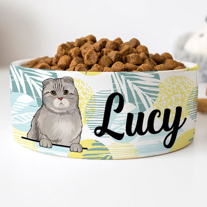 Personalized Cat Bowls, Custom Cute Cat Food and Water Bowl with Name, Ceramic Summer Background, PersonalFury