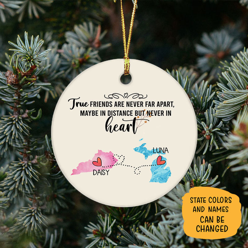 True Friends Long Distance, Personalized State Colors Circle Ornaments, Custom Best Friends Gift