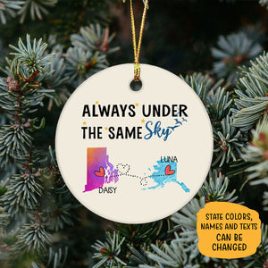 Always under the same sky, Personalized State Colors Circle Ornaments, Custom Long Distance Gift