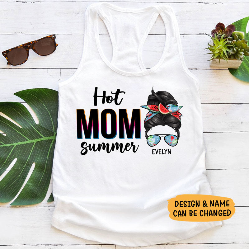 Hot Mom Summer Custom Messy Bun, Personalized Summer T-Shirt, Tank Top