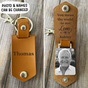 You Mean The World, Personalized Leather Keychain, Custom Gift For Mom Dad, Custom Photo