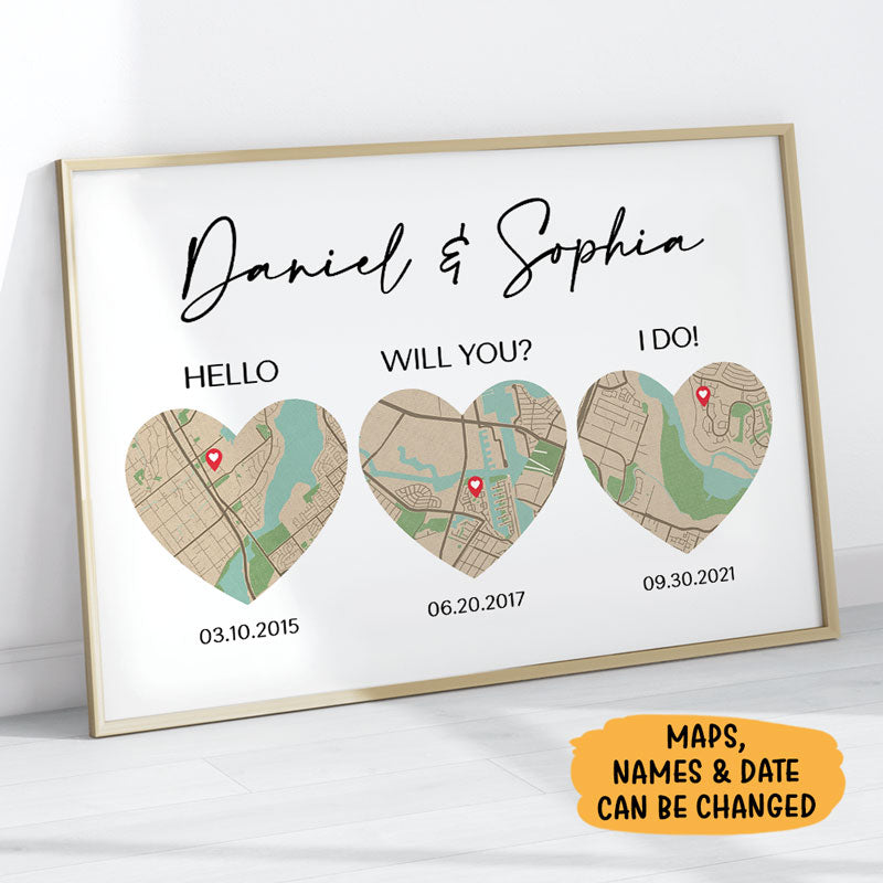 Hello, Will You, I Do Map Wall Art, Personalized Poster, Anniversary Gift For Couple