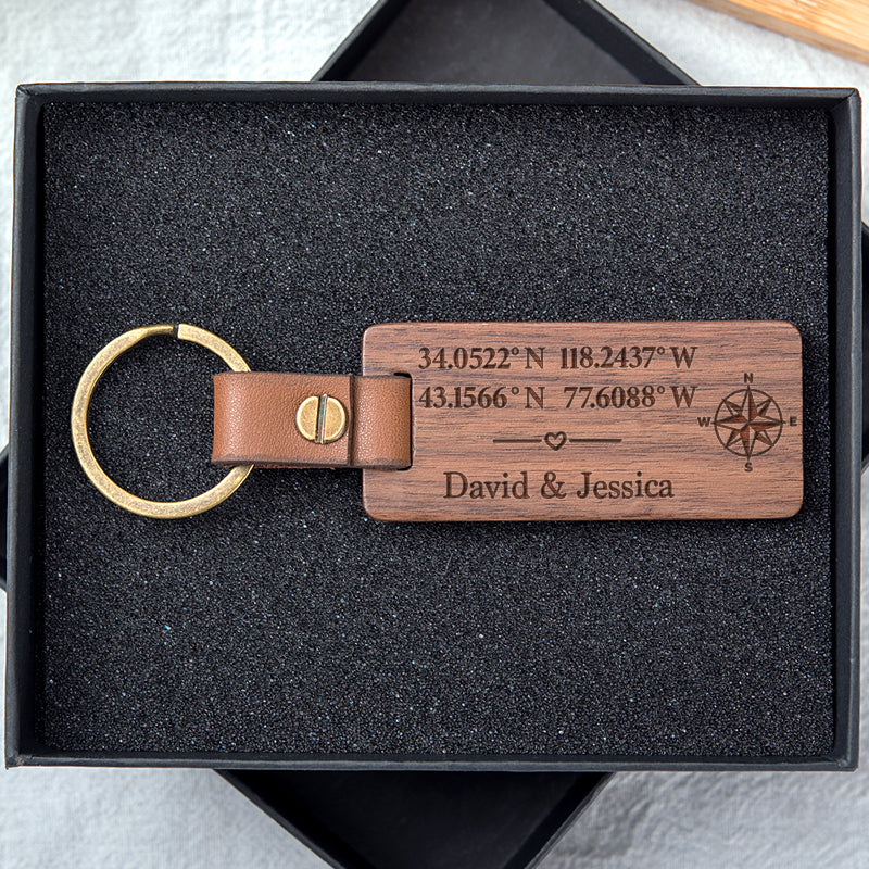 Coordinates Where It All Began, Personalized Engraved Wood Keychain, Gifts For Him