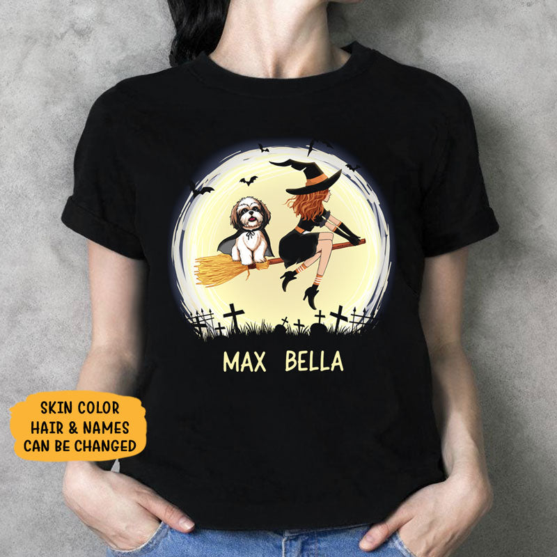 Unique Dark Color Custom T Shirt, Witch and Shih Tzu, Personalized Gifts for Dog Lovers, Halloween Costumes for Dog Moms