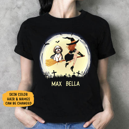 Unique Dark Color Custom T Shirt, Witch and Shih Tzu, Personalized Gifts for Dog Lovers, Halloween Costumes for Dog Moms