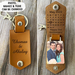 Save The Date Calendar, Personalized Leather Keychain, Anniversary Gift, Custom Photo