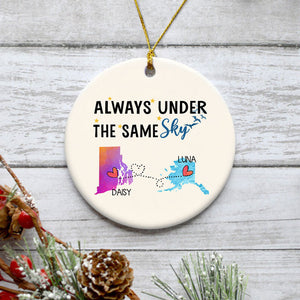 Always under the same sky, Personalized State Colors Circle Ornaments, Custom Long Distance Gift