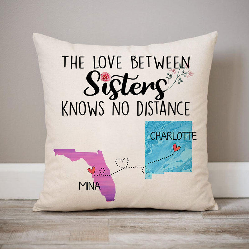 The love between Sisters Long Distance, Personalized State Colors Pillow, Custom Moving Gift For Sister