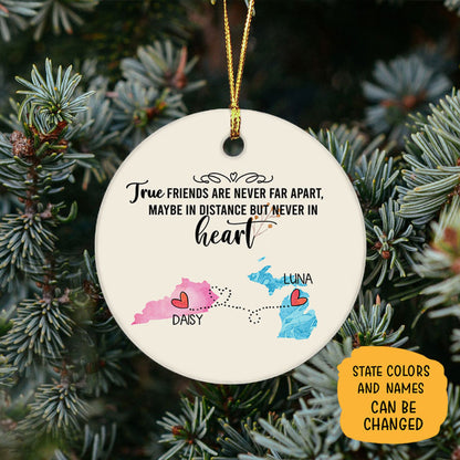 True Friends Long Distance, Personalized State Colors Circle Ornaments, Custom Best Friends Gift