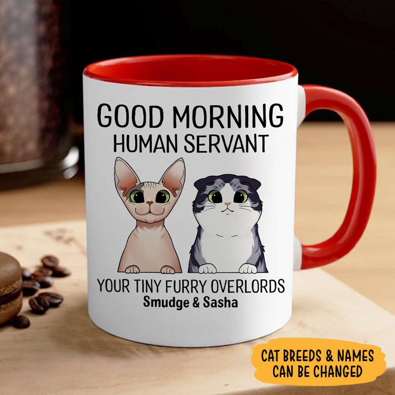 Good Morning Human Servant Your Tiny Furry Overlords, Personalized Accent Mug, Custom Gifts For Cat Lovers