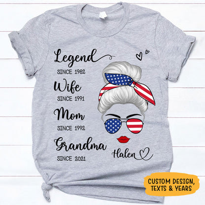 Legend Wife Since Years Messy Bun, July 4th Gift, Personalized Shirt for Patriotic Women
