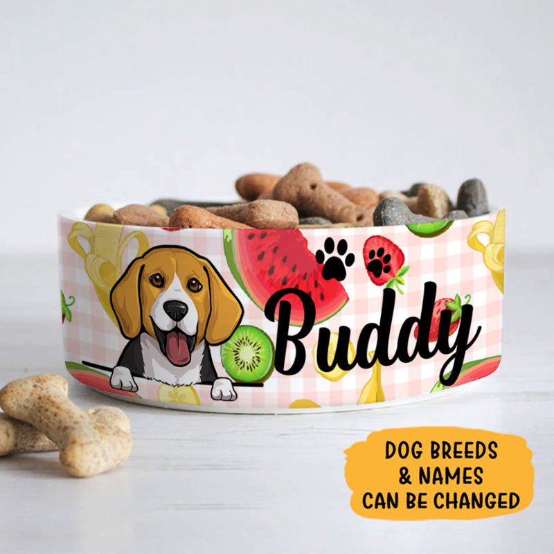 Personalized Dog Bowls, Custom Cute Dog Food and Water Bowl with Name, Ceramic Tropical Fruits, PersonalFury
