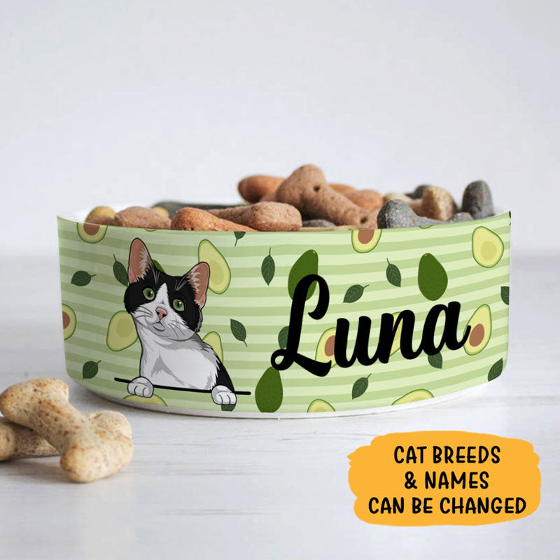 Personalized Cat Bowls, Custom Cute Cat Food and Water Bowl with Name, Ceramic Avocado Background, PersonalFury