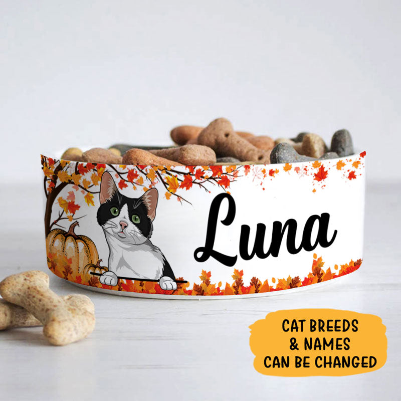 Personalized Cat Bowls, Custom Cute Cat Food and Water Bowl with Name, Ceramic Autumn Fall, PersonalFury