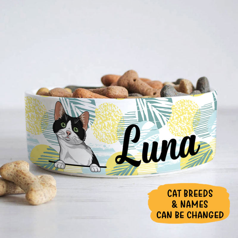 Personalized Cat Bowls, Custom Cute Cat Food and Water Bowl with Name, Ceramic Summer Background, PersonalFury