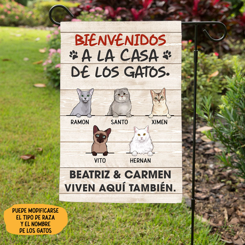 Welcome To The Cat House, Spanish Espanol, Personalized Cat Decorative Garden Flags
