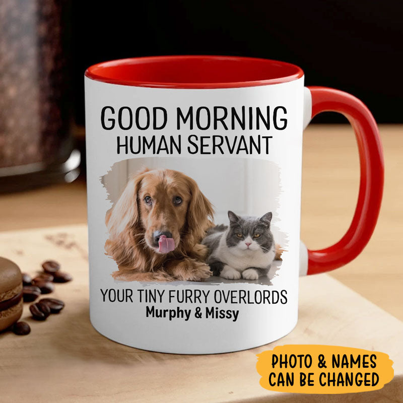 Good Morning Human Servant Your Tiny Furry Overlords, Personalized Accent Mug, Gifts For Pet Lovers, Custom Photo