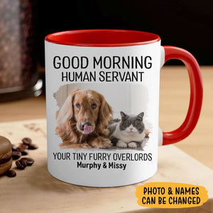 Good Morning Human Servant Your Tiny Furry Overlords, Personalized Accent Mug, Gifts For Pet Lovers, Custom Photo
